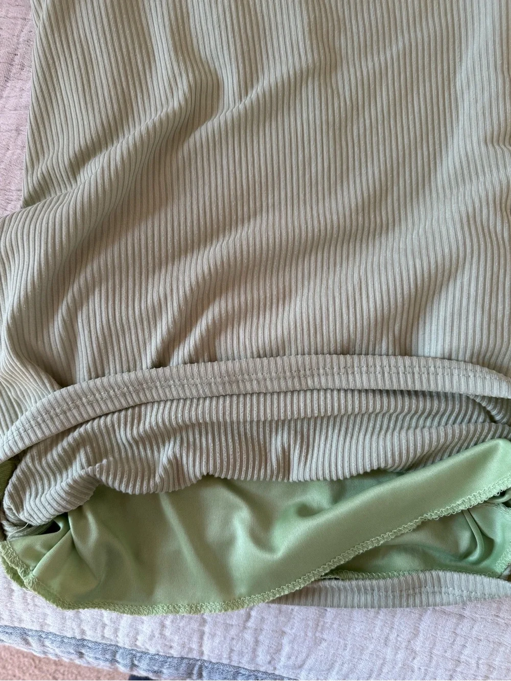 Light Sage Ribbed Mini Dress with Ruffled Shoulders - Picture 3 of 4